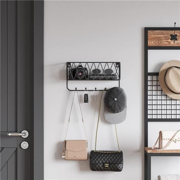 Entryway Mail Holder with Key Hooks,11.0"L×2.6" W×5.1"H,Wall Mounted Matte Black - Picture 3 of 6